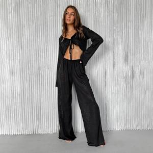 HiLoc 섹시한 브이넥 니트 얇은 바지 잠옷 여성 캐주얼 레이스업 크롭 탑과 루즈한 긴 바지 슬립웨어 화이트 슈트 2026