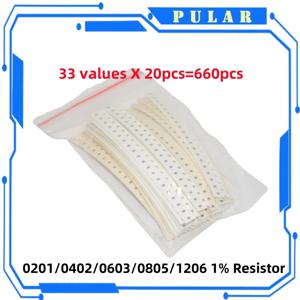 660PCS PLR 0201 0402 0603 0805 1206 1% SMD 저항기 모듬 키트 33 값 각 20pcs 1R-1M 10K 100K 1K 100R 저항 세트