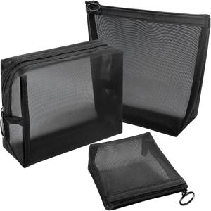 Aosbos 3팩 메쉬 화장품 가방 세트 - 여행/이동 중 메이크업 보관함, 지퍼 잠금식 소형 파우치