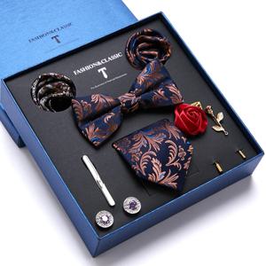 고품질 휴일 선물 상자 7.5 cm 파란색 꽃 넥타이 Hanky ​​Pocket Squares 커프스 단추 클립 세트 넥타이 남자 생일 선물