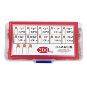 300pcs 10 종류의 모놀리식 커패시터(10pF~100nF) 직접 삽입 비극성 50V 세라믹 커패시터 구성 요소 세트