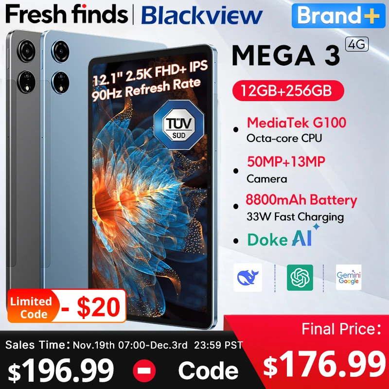 【세계 최초 공개】Blackview MEGA 3 태블릿 12.1인치 2.5K 90Hz 디스플레이 12GB 256GB 8800mAh 50MP 카메라 33W 고속 충전 안드로이드 15 패드