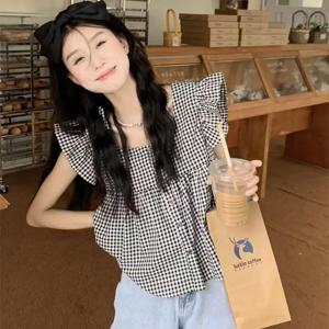 여성용 한국 스타일 코튼 여름 셔츠 - 통기성 스퀘어 넥 체크 무늬 귀여운 루즈 탑과 작은 플러터 슬리브