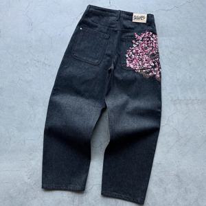 Y2K 청바지 하라주쿠 고딕 빈티지 매화 자수 패턴 와이드 레그 팬츠 streetwear 캐주얼 힙합 빈티지 아메리칸 청바지