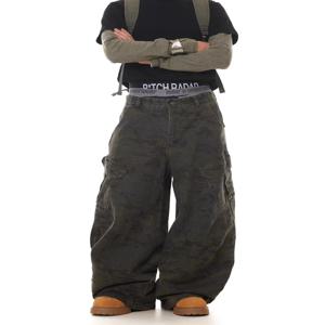 아메리칸 레트로 멀티 포켓 카모플라주 실루엣 시미터 청바지 니치 배기 와이드 레그 식칼 캐주얼 팬츠 후드티 남성 의류
