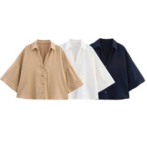 MYST&ZA2025 여름 신상 여성 레트로 캐주얼 패션 분위기 심플 루즈 라펠 와이드 반팔 캐주얼 셔츠 탑