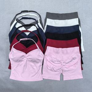 2피스 요가 세트 여성 백리스 홀터넥 탑 하이웨이스트 심리스 숏팬츠 짐 슈트 피트니스 의류 스포츠웨어 운동복 세트