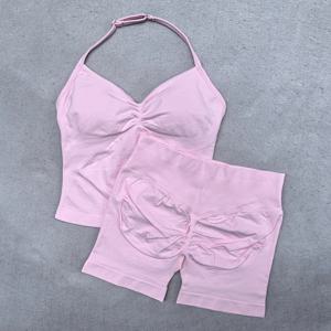 2 조각 여성 요가 세트 원활한 조절 가능한 스트랩 탱크 탑 스크런치 스포츠 반바지 체육관 의류 여성 여름 운동복