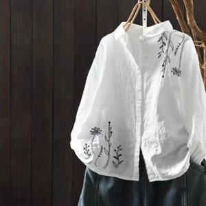 면 린넨 여성 셔츠 봄 신상 예술적 레트로 자수 턴다운 칼라 솔리드 컬러 긴팔 탑