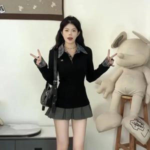 미국 스타일 슬림핏 긴팔 폴로넥 티셔츠 여성용 신상 자수 레드 체크무늬 탑 트렌디 출퇴근 스타일