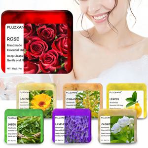 FUJZXANS 수제 에센셜 오일 비누 바 90g - 장미, 자스민, 녹차, 금잔화, 오스만투스, 라벤더, 레몬 - 오래 지속되는 7개