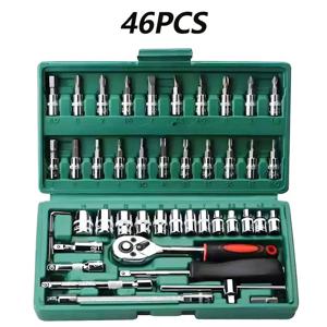 46피스 드라이브 소켓 세트 1/4인치 래칫 렌치 세트(소켓 포함) 미터법 육각 비트 소켓 세트 정비 공구 키트 (가정용 자동차 수리용)