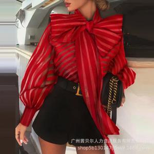 미국 유럽 여성 레드 블랙 솔리드 컬러 캐주얼 트렌디 롱 랜턴 슬리브 우아한 보우 셔츠 여성 의류 2025 탑