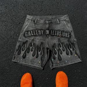 Y2K 빈티지 디스트레스드 청바지 불꽃 패턴 라인 석 장식 하이 웨이스트 데님 반바지 패션 남성 여성 힙합 streetwear