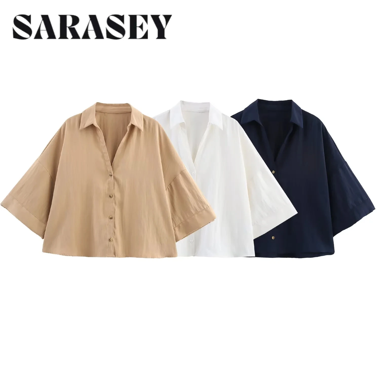 2025 여름 신상 여성 레트로 캐주얼 패션 심플 루즈핏 라펠 와이드 반팔 캐주얼 셔츠 블라우스