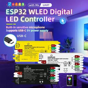 DOMRAEM ESP32 WLED USB-C 주소 지정 가능 LED 컨트롤러 (음악 마이크/UART 지원, WS2814/12B RGB IC 스트립 등 지원) 16A 퓨즈 HA Alexa 지원