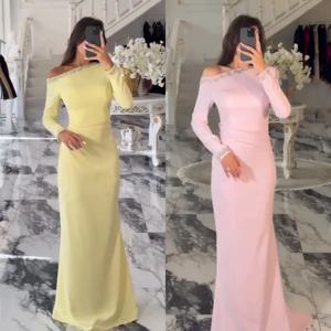 맞춤형 저지 라인스톤 오프 숄더 머메이드 바닥 길이 맞춤형 행사 이브닝 파티 심플 우아한 글리터 공식