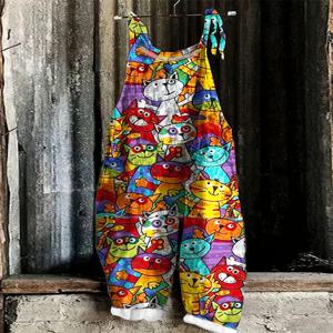 2025 신상 봄 여름 홀터 점프수트 여성용 재미있는 고양이 프린트 풀오버 홀터 팬츠 캐주얼 루즈핏 하이웨이스트 점프수트