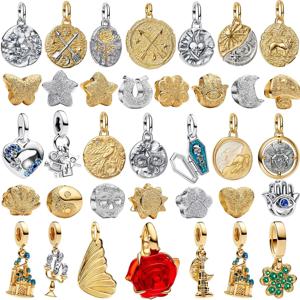 새로운 925 스털링 실버 골든 라운드 참 말 사자 성 비즈 귀걸이 반지 팔찌 목걸이 여성 DIY 쥬얼리 선물