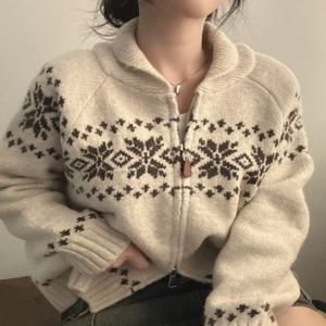 대학 스타일 니트 스웨터 코트 더블 지퍼 루즈핏 레이지 턴 칼라 여성용 가을 신상품 탑