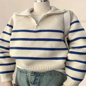 여성용 흰색 줄무늬 라쿤 벨벳 폴로넥 니트 스웨터 반지퍼 가을 겨울 따뜻한 플리스 이너 셔츠 탑