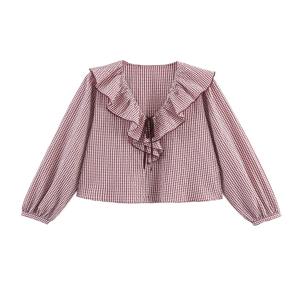 유럽과 미국 스타일의 가을 신상 패션 트렌드 캐주얼 여성복 브이넥 레이스업 작은 격자무늬 레이어드 장식 셔츠