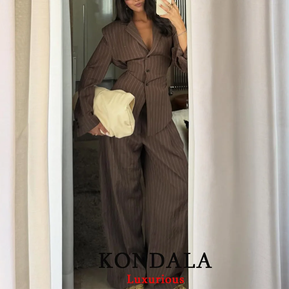 콘달라 오피스 레이디 시크 브라운 수트 V넥 스트라이프 루즈 블레이저 하이웨이스트 와이드 레그 팬츠 패션 2025 가을 캐주얼 여성 수트