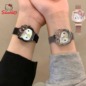 애니메이션 산리오 헬로키티 다이아몬드 시계 귀여운 핑크 골드 실버 메탈 자석 스트랩 KT 고양이 만화 고양이 리본 디자인 시계 선물