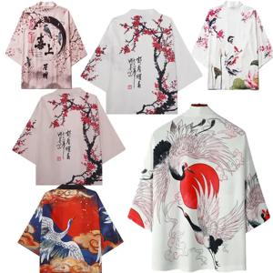 일본 기모노 카디건 유카타 사무라이 남성 여성 크레인 프린트 셔츠 비치 하오리 하라주쿠 오비 중국 스타일 아시아 스트리트웨어 5XL