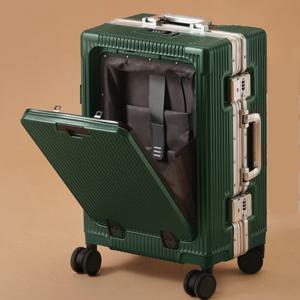 알루미늄 합금 프레임 잠금장치, USB 충전 플러그, 스피너 휠, 트롤리 백, 여행용 롤링 러기지가 있는 전면 개방형 포켓 수트케이스
