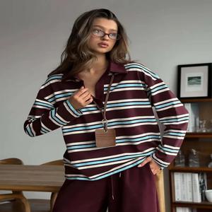 가을 캐주얼 스트라이프 배색 긴팔 티셔츠 여성 버튼 라펠 폴로 셔츠 티셔츠 신상 스트릿웨어 레트로 시크 탑 2025