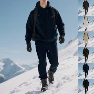 패션 남성 겨울 따뜻한 후드 스웨트셔츠 세트 단색 플리스 스웨트셔츠 재킷 플러시 바지 세트 캐주얼 코트 및 바지