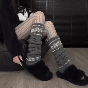 두꺼운 니트 눈송이 양말 커버 따뜻한 분위기 한국 스타일 겨울 청소년 여성 다리 커버 패셔너블 액세서리