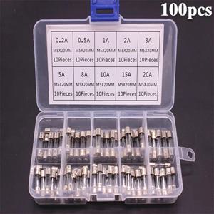 100 PCS 고속 블로운 유리 퓨즈 조합 키트 5x20mm 250 V 0.1 0.2 0.25 0.5 1 1.5 2 3 4 5 8 10 12 15 20 A 투명 플라스틱 상자