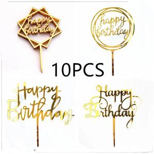 10 Pcs 로즈 골드 생일 축하 케이크 토퍼 실버 블랙 심플한 디자인 아크릴 케이크 토퍼 베이비 샤워 파티 디저트 장식