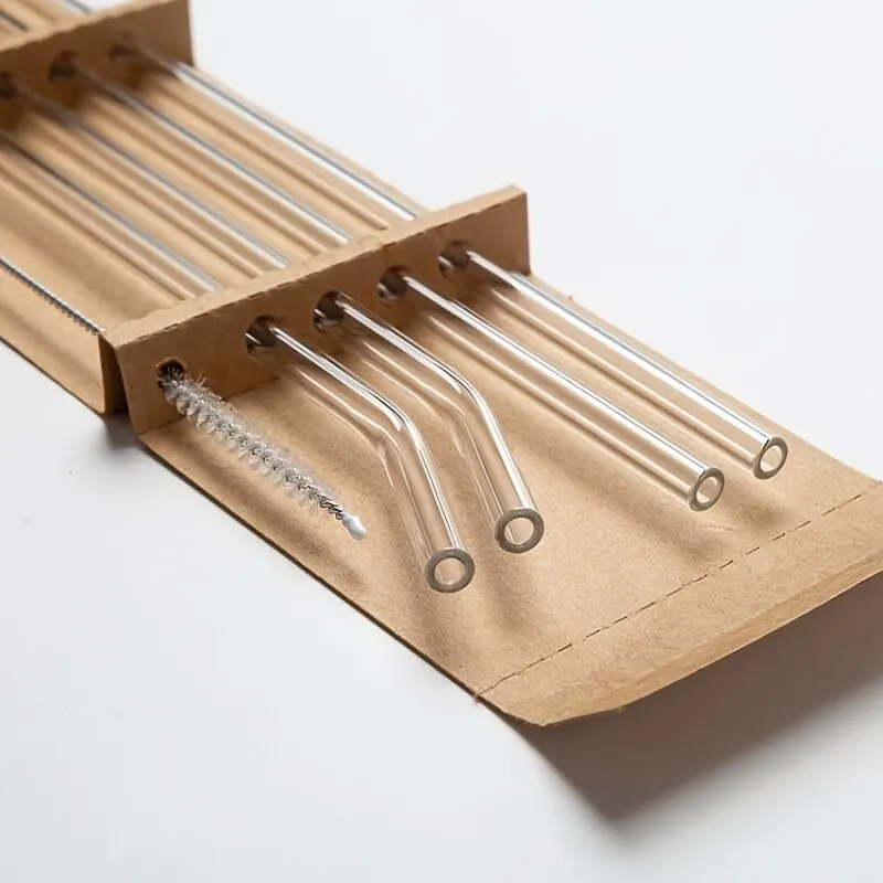 브러시 포함 내열성 유리 빨대, 재사용 및 세척 가능, 스무디, 밀크셰이크, 차, 주스에 적합, 1 세트, 5 세트