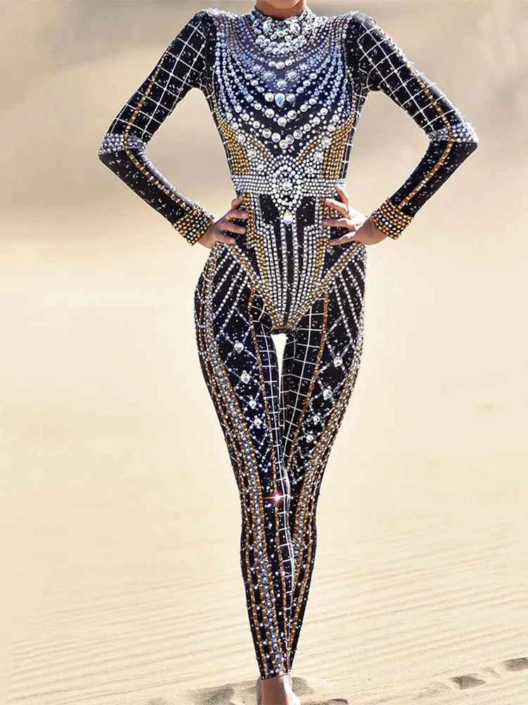 패션 나이트 클럽 댄서 장대 댄스 무대 의상 곡예 여성 점프 슈트 빛나는 라인 석 쇼걸 공연 의상