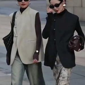 여성용 스탠딩 칼라 버클 민소매 세트 조끼, 루즈한 재킷, 탱글수트 조끼, 오리엔탈 스타일 개선, 2025 중국 가을