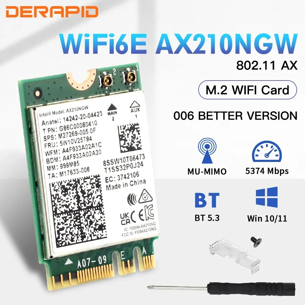 WiFi 6E AX210NGW NGFF 무선 어댑터 Bluetooth 5.3 WiFi6 5374Mbps 2.4G/5G/6GHz 802.11AX Win10/11 용 데스크탑/노트북 용