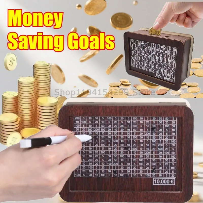 나무 저금통 재사용 가능한 수제 돈 상자, 저축 목표와 숫자 표시가 있는 저금통으로 저축 습관을 기르는 데 도움이 됩니다