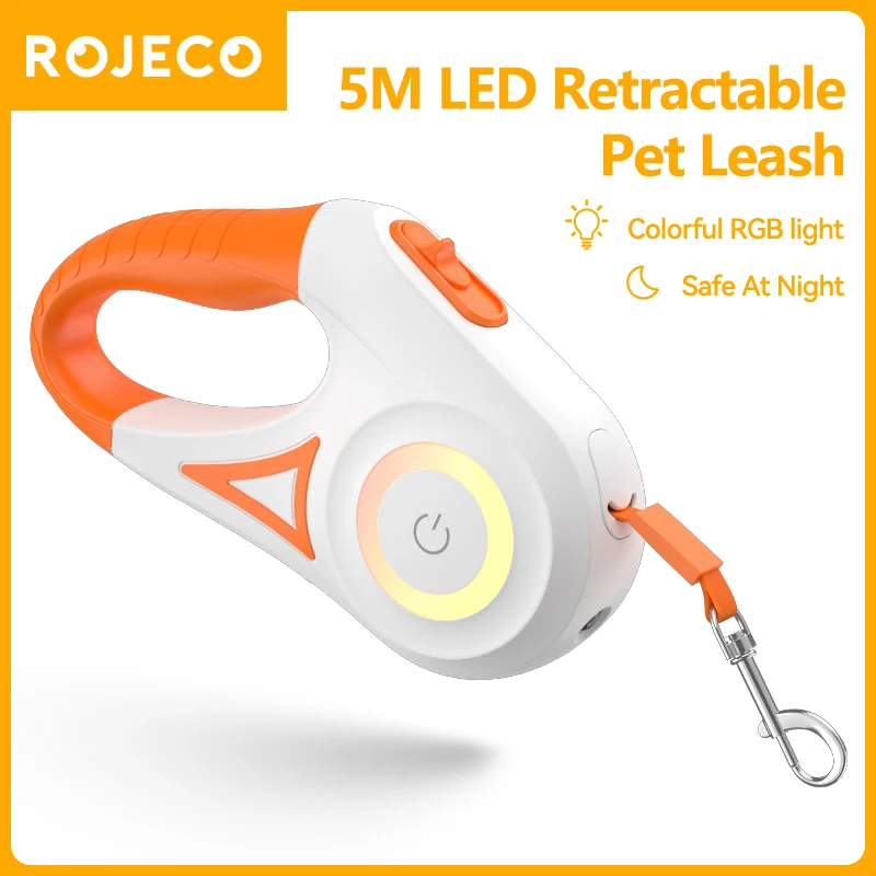 ROJECO 5M 자동 개 가죽 끈 개 강아지를위한 개폐식 LED 빛나는 선도 패션 라이트 스트랩 애완 동물 Flexi Walking Lead