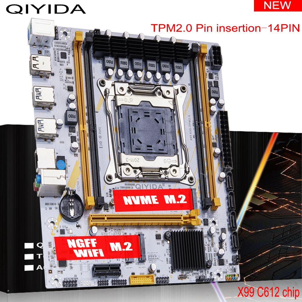 QIYIDA 마더보드 LGA2011-3 슬롯, X99, SATA3.0, USB3.0, NVME, M.2, NGFF, 와이파이 지지대, DDR4 메모리 및 Xeon E5 V3 V4 프로세서, TPM14PIN
