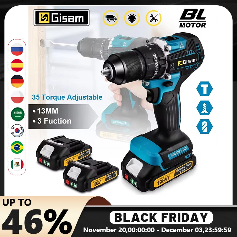Gisam 13mm 35+3 토크 브러시리스 전기 임팩트 드릴 무선 드릴 전기 스크루드라이버 Makita 18V 배터리 핀용 전동 공구