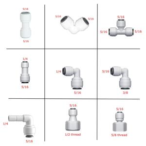 RO 정수기 부품 5/16 ~ 1/4 3/8 1/2 스레드 직선 엘보 티 삽입 로드 호스 파이프 커넥터 정수 필터 맥주 기계 부품