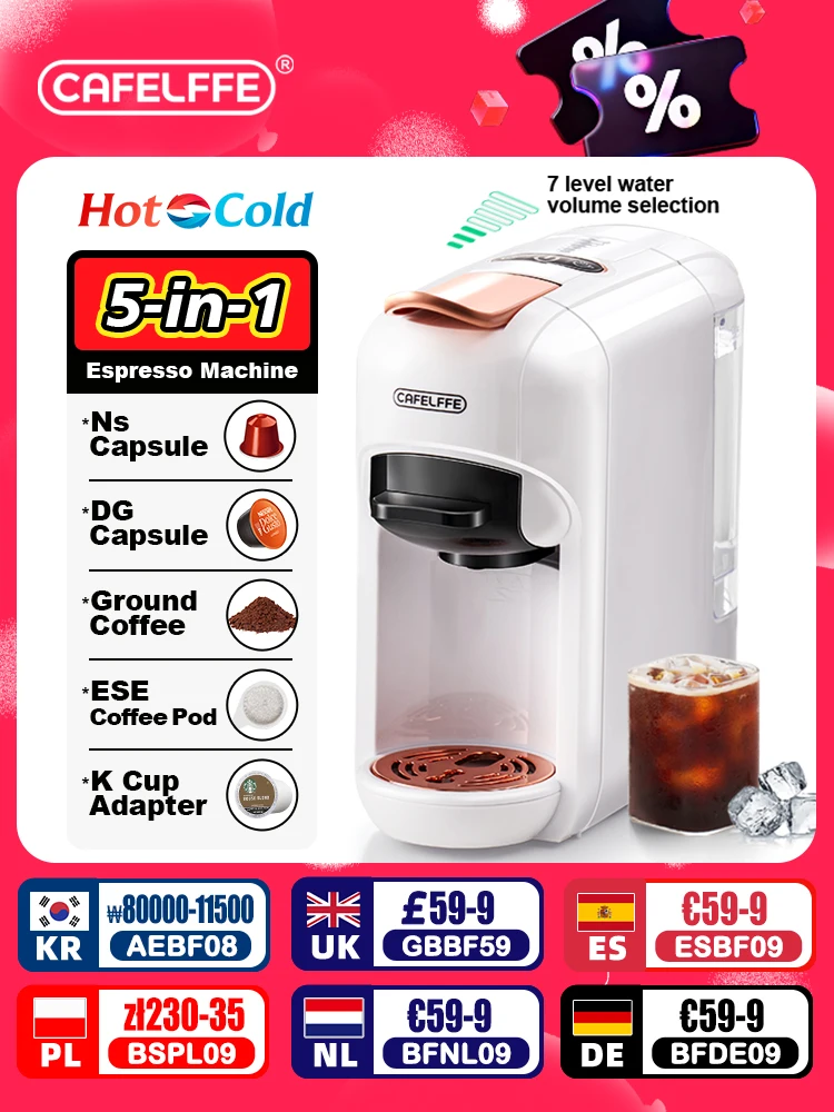 Cafelffe 5in1 멀티 캡슐 커피 머신 DG 카푸치노, Nes 캡슐, ESE 포드, 분쇄 커피 호환, 사랑하는 사람, 아빠, 엄마를 위한 선물. 핫/콜드 추출 커피, 19바 고압 추출, 7단계 물량 선택.