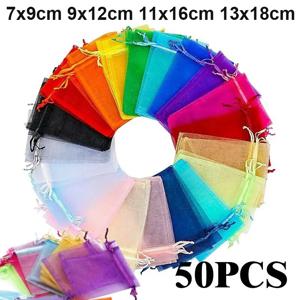 50 개/몫 여러 가지 빛깔의 보석 포장 가방 7*9 9*12 11*16 13*18 Organza 가방 선물 저장 웨딩 Drawstring 파우치 도매