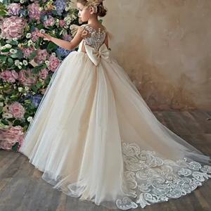 레이스 Tulle 꽃의 소녀 드레스 활 생일 공주 소녀 드레스 웨딩 파티 큰 활 Maxi Tulle 첫 성찬식 가운