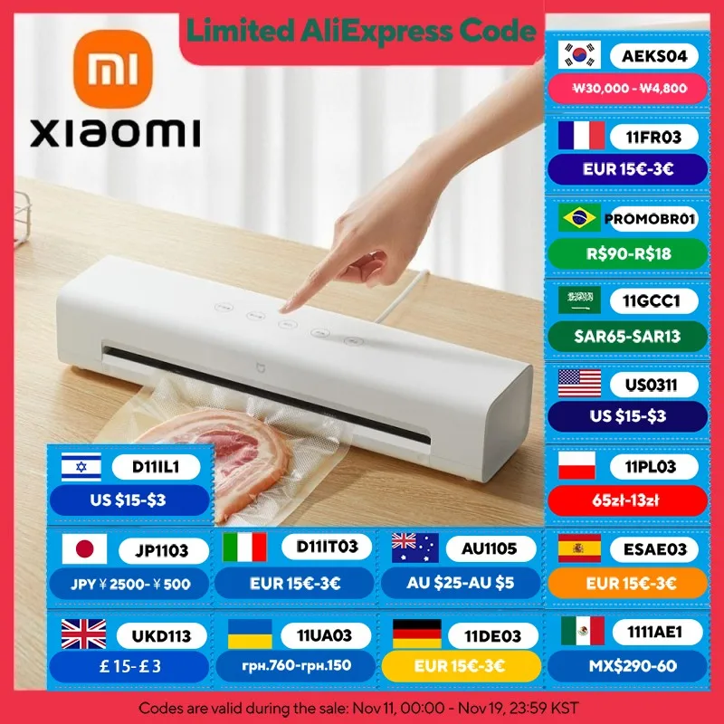XIAOMI MIJIA 진공 실러 기계, 70Kpa 식품 진공 실러 기계 보존 건조/습기 모드, 무료 10pcs 진공 가방이있는 220V