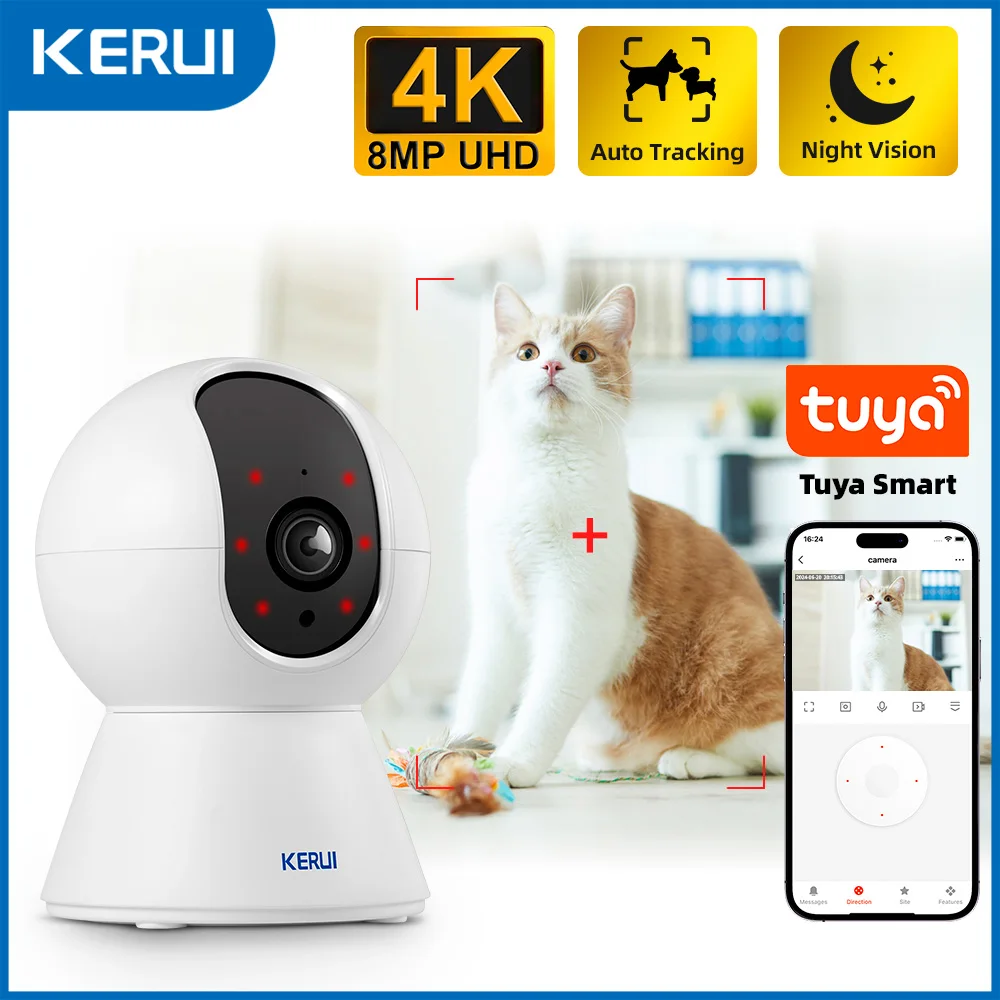 KERUI WiFi IP 애완 동물 카메라 홈 보안 개 고양이 카메라 Tuya 스마트 4K 8MP HD 비디오 야간 감시 감시 AI 경고 미니 캠