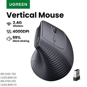 UGREEN 맥북 태블릿 노트북용 수직 무선 마우스, 인체 공학적 4000DPI 6 음소거 버튼, 컴퓨터 PC 마우스, 블랙 핑크, 2.4G